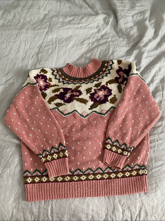 Sweaters - Handmade Pink Floral Fair Isle Knit Sweater